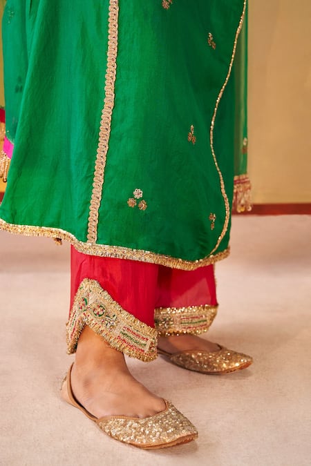Shop_Priyanka Singh_Green Silk Organza Gota Patti, Sequins, Embroidered Phiran Kurta Curve Pant Set _Online_at_Aza_Fashions