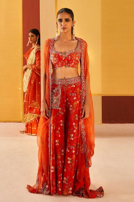 Priyanka Singh Orange Silk Organza Embroidery Sweetheart Neck Cape Sharara Set Online at Aza Fashions Priyanka Singh_Orange Silk Organza Embroidery Sweetheart Neck Cape Sharara Set _Online_at_Aza_Fashions