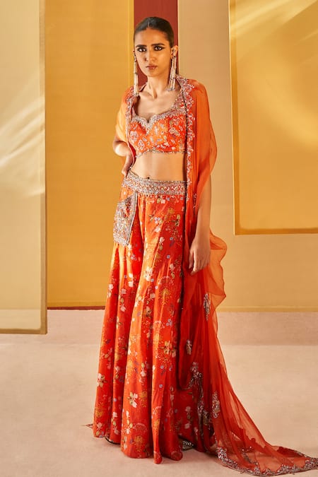 Priyanka Singh Orange Silk Organza Embroidery Sweetheart Neck Cape Sharara Set at Aza Fashions Priyanka Singh_Orange Silk Organza Embroidery Sweetheart Neck Cape Sharara Set _at_Aza_Fashions