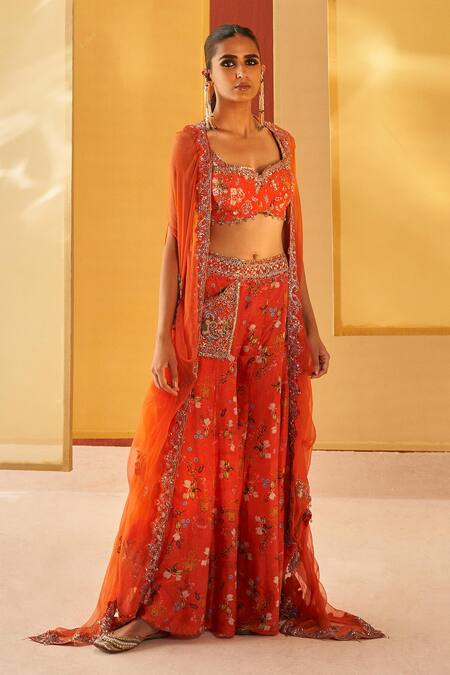 Buy Priyanka Singh Orange Silk Organza Embroidery Sweetheart Neck Cape Sharara Set Buy_Priyanka Singh_Orange Silk Organza Embroidery Sweetheart Neck Cape Sharara Set