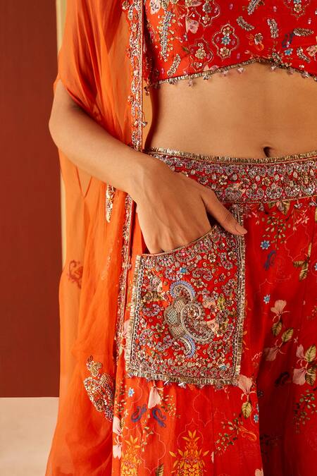 Shop Priyanka Singh Orange Silk Organza Embroidery Sweetheart Neck Cape Sharara Set Shop_Priyanka Singh_Orange Silk Organza Embroidery Sweetheart Neck Cape Sharara Set