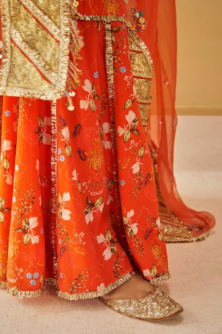 Buy_Priyanka Singh_Orange Crepe, Organza Embroidery Round Neck Floral Print Kurta Gharara Set _Online_at_Aza_Fashions