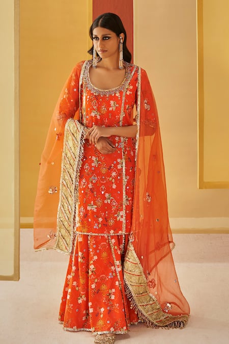 Shop_Priyanka Singh_Orange Crepe, Organza Embroidery Round Neck Floral Print Kurta Gharara Set _Online_at_Aza_Fashions
