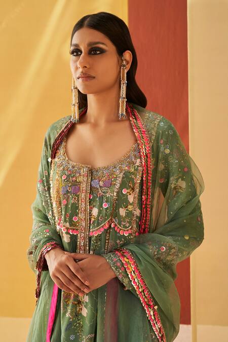 Priyanka Singh_Green Silk Organza Embroidery, Sequins Round Neck Floral Print Kurta Salwar Set _Online_at_Aza_Fashions