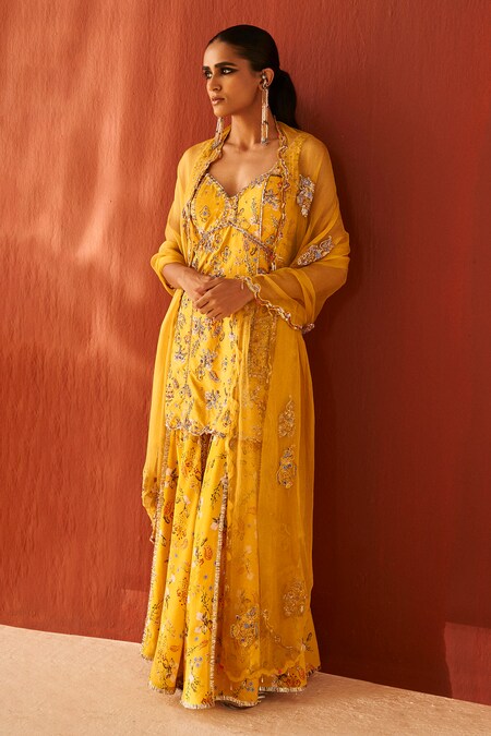 Priyanka Singh Yellow Silk Organza Printed Zardozi Embroidered Kurta Gharara Set 