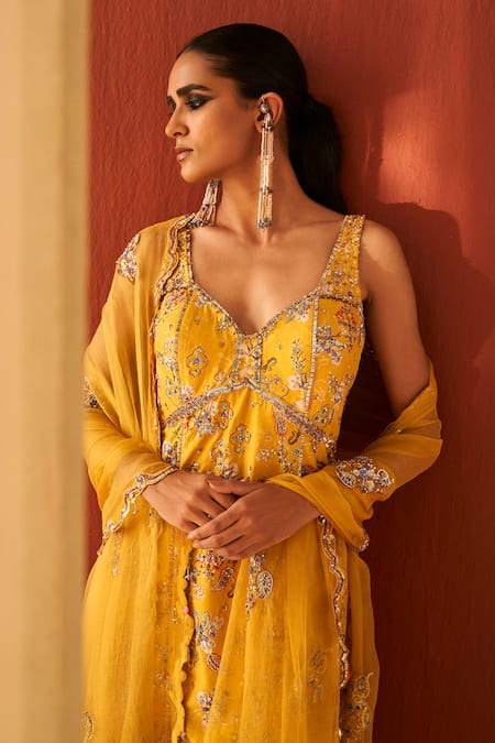 Priyanka Singh_Yellow Silk Organza Zari, Embroidery, Sequins Zardozi Kurta Gharara Set _Online_at_Aza_Fashions