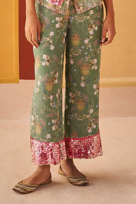 Priyanka Singh_Green Crepe Sequins, Zari, Embroidery V-neck, Round Floral Jacket And Pant Set _Online_at_Aza_Fashions