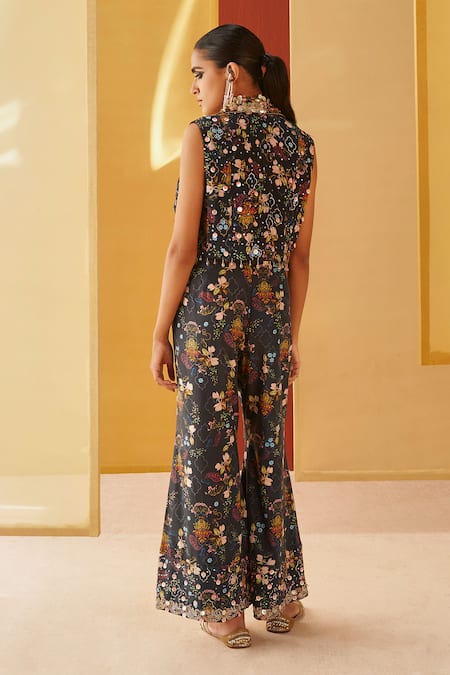 Shop Priyanka Singh Black Silk Sequins, Zari, Embroidery Embellished Jacket And Flared Pant Set at Aza Fashions Shop_Priyanka Singh_Black Silk Sequins, Zari, Embroidery Embellished Jacket And Flared Pant Set _at_Aza_Fashions