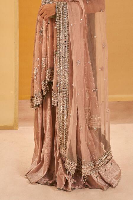 Priyanka Singh Peach Net, Tissue Zari, Sequins, Beads, Mirrors Embroidered Anarkali Gharara Set Online at Aza Fashions Priyanka Singh_Peach Net, Tissue Zari, Sequins, Beads, Mirrors Embroidered Anarkali Gharara Set _Online_at_Aza_Fashions