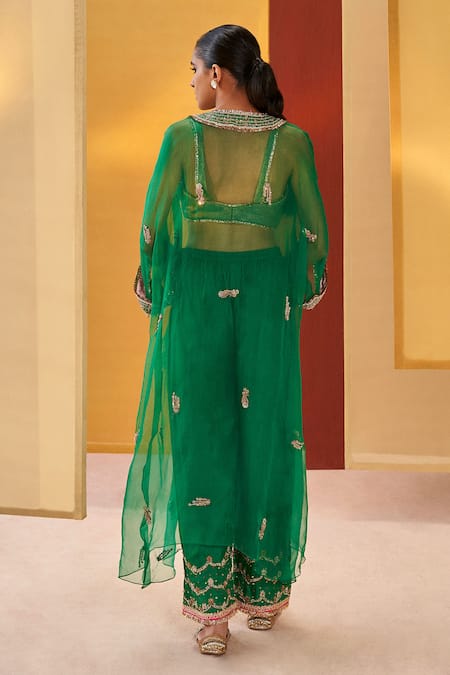 Shop Priyanka Singh Green Silk, Organza, Tissue Zari, Sequins, Gota Patti, Neckline Pheran Pant Set at Aza Fashions Shop_Priyanka Singh_Green Silk, Organza, Tissue Zari, Sequins, Gota Patti, Neckline Pheran Pant Set _at_Aza_Fashions