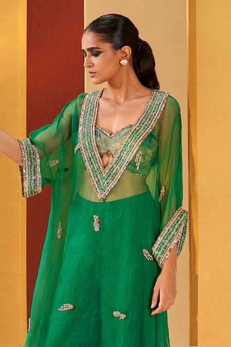 Priyanka Singh Green Silk, Organza, Tissue Zari, Sequins, Gota Patti, Neckline Pheran Pant Set Online at Aza Fashions Priyanka Singh_Green Silk, Organza, Tissue Zari, Sequins, Gota Patti, Neckline Pheran Pant Set _Online_at_Aza_Fashions