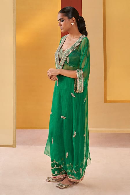 Buy Priyanka Singh Green Silk, Organza, Tissue Zari, Sequins, Gota Patti, Neckline Pheran Pant Set Online at Aza Fashions Buy_Priyanka Singh_Green Silk, Organza, Tissue Zari, Sequins, Gota Patti, Neckline Pheran Pant Set _Online_at_Aza_Fashions