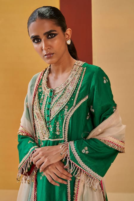 Shop Priyanka Singh Green Silk Organza Tassels, Embroidery Round Neck A-line Kurta Set at Aza Fashions Shop_Priyanka Singh_Green Silk Organza Tassels, Embroidery Round Neck A-line Kurta Set _at_Aza_Fashions