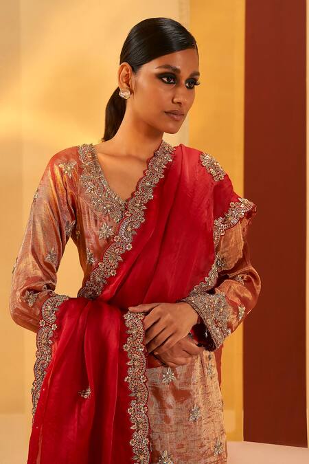 Priyanka Singh Red Tissue, Organza Sequins, Beads, Zari, Embroidery Round Zardozi Kurta Set Online at Aza Fashions Priyanka Singh_Red Tissue, Organza Sequins, Beads, Zari, Embroidery Round Zardozi Kurta Set _Online_at_Aza_Fashions