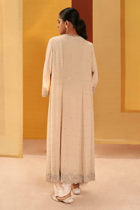 Shop Priyanka Singh Ivory Georgette, Organza Zari, Mirrors, Embroidery Split V-neck Kurta Set at Aza Fashions Shop_Priyanka Singh_Ivory Georgette, Organza Zari, Mirrors, Embroidery Split V-neck Kurta Set _at_Aza_Fashions