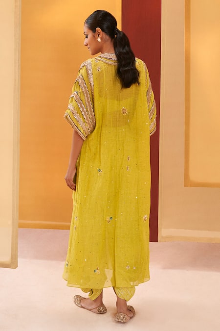 Shop Priyanka Singh Green Cotton, Silk, Muslin Zari, Sequins, Neckline Embroidered Pheran Pant Set at Aza Fashions Shop_Priyanka Singh_Green Cotton, Silk, Muslin Zari, Sequins, Neckline Embroidered Pheran Pant Set _at_Aza_Fashions