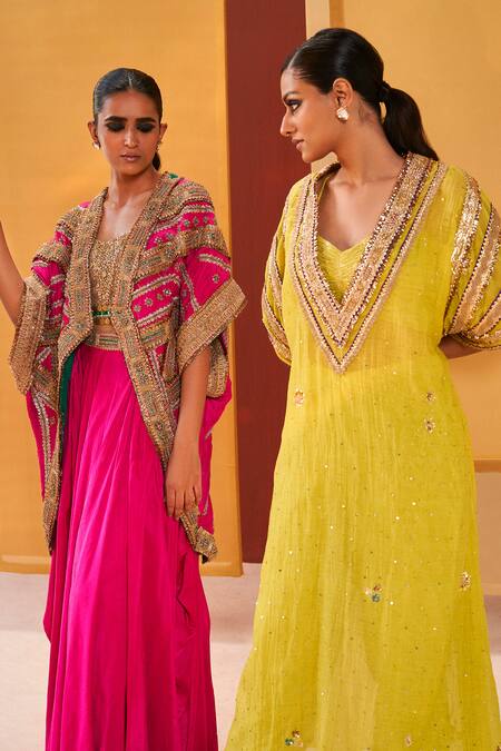 Buy Priyanka Singh Green Cotton, Silk, Muslin Zari, Sequins, Neckline Embroidered Pheran Pant Set Online at Aza Fashions Buy_Priyanka Singh_Green Cotton, Silk, Muslin Zari, Sequins, Neckline Embroidered Pheran Pant Set _Online_at_Aza_Fashions