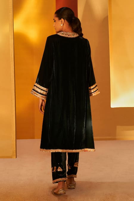 Shop Priyanka Singh Green Velvet Zari, Sequins, Gota Patti Neckline Embroidered Kurta And Salwar Set at Aza Fashions Shop_Priyanka Singh_Green Velvet Zari, Sequins, Gota Patti Neckline Embroidered Kurta And Salwar Set _at_Aza_Fashions