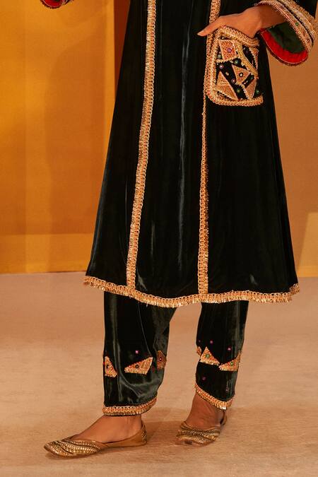 Priyanka Singh Green Velvet Zari, Sequins, Gota Patti Neckline Embroidered Kurta And Salwar Set Online at Aza Fashions Priyanka Singh_Green Velvet Zari, Sequins, Gota Patti Neckline Embroidered Kurta And Salwar Set _Online_at_Aza_Fashions