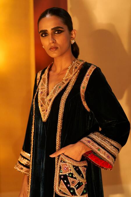 Buy Priyanka Singh Green Velvet Zari, Sequins, Gota Patti Neckline Embroidered Kurta And Salwar Set Online at Aza Fashions Buy_Priyanka Singh_Green Velvet Zari, Sequins, Gota Patti Neckline Embroidered Kurta And Salwar Set _Online_at_Aza_Fashions