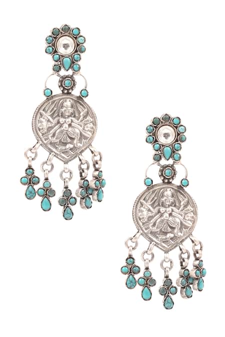 Shop Sangeeta Boochra Silver Plated Beads Temple Motif Carved Earrings at Aza Fashions Shop_Sangeeta Boochra_Silver Plated Beads Temple Motif Carved Earrings _at_Aza_Fashions