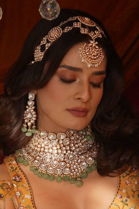 Shop_Ekathva Jaipur_Silver Plated Beads, Diamonds Afreen Moissanite Polki Embellished Choker Set_at_Aza_Fashions