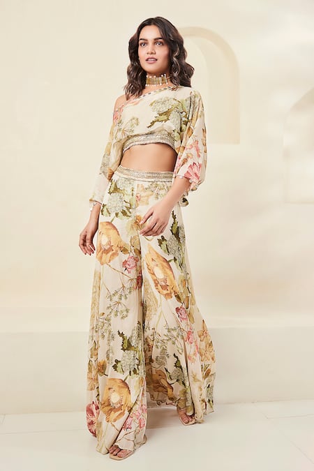 Basanti - Kapde Aur Koffee_Ivory Chiffon Beads Asymmetric Floral Print Top With Trouser _Online_at_Aza_Fashions