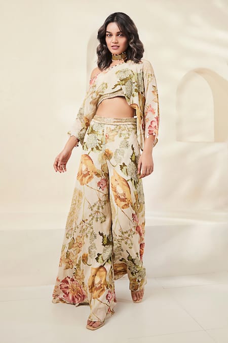 Buy_Basanti - Kapde Aur Koffee_Ivory Chiffon Beads Asymmetric Floral Print Top With Trouser _Online_at_Aza_Fashions