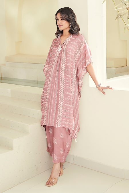 Shop_Basanti Kapde aur Koffee_Pink Cotton Silk Print Aztec Lapel Collar Tunic With Trouser _Online_at_Aza_Fashions