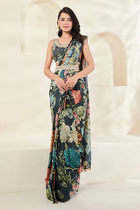 Basanti - Kapde Aur Koffee Printed Pre-Draped Saree With Blouse 