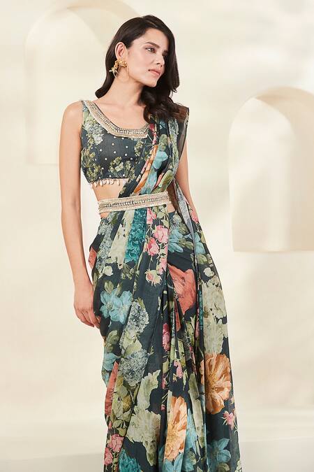 Basanti - Kapde Aur Koffee_Green Chiffon Cut Work, Zari, Beads V-neck Printed Pre-draped Saree With Blouse_Online_at_Aza_Fashions