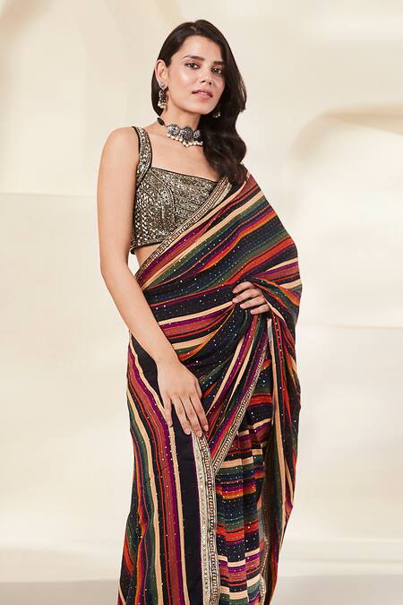 Basanti - Kapde Aur Koffee_Multi Color Georgette Sequins, Cut Work, Zari Stripe Print Saree With Blouse_Online_at_Aza_Fashions