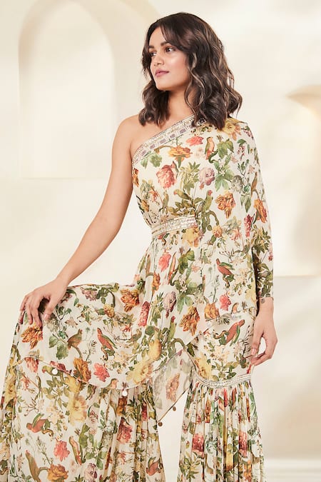 Basanti - Kapde Aur Koffee_Ivory Chiffon Cut Work, Beads, Zari, Embroidery Floral Print Tunic Gharara Set _Online_at_Aza_Fashions