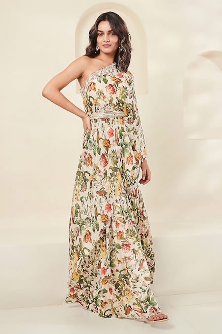 Buy_Basanti - Kapde Aur Koffee_Ivory Chiffon Cut Work, Beads, Zari, Embroidery Floral Print Tunic Gharara Set _Online_at_Aza_Fashions