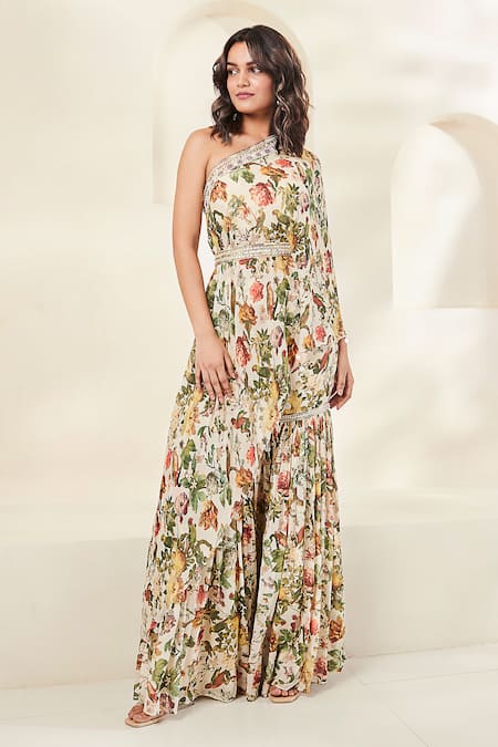 Shop_Basanti - Kapde Aur Koffee_Ivory Chiffon Cut Work, Beads, Zari, Embroidery Floral Print Tunic Gharara Set _Online_at_Aza_Fashions