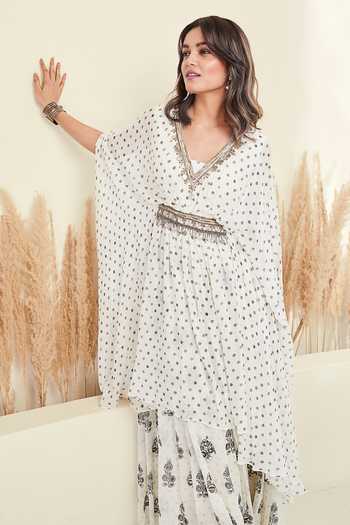 Basanti Kapde aur Koffee White Georgette Embroidery V-neck Floral Print Dress Online at Aza Fashions Basanti Kapde aur Koffee_White Georgette Embroidery V-neck Floral Print Dress_Online_at_Aza_Fashions