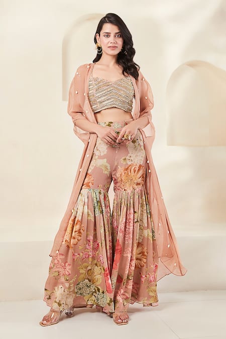 Basanti - Kapde Aur Koffee Embroidered Cape Sharara Set 