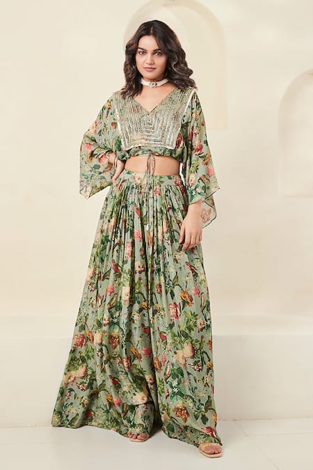 Basanti - Kapde Aur Koffee Floral Print Blouse & Flared Pant Set 