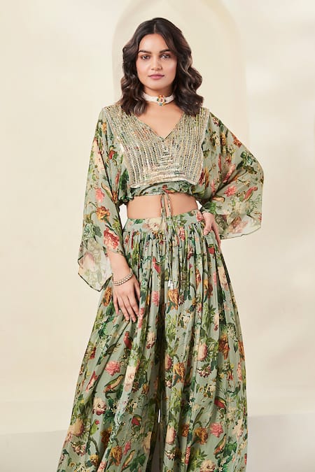 Basanti - Kapde Aur Koffee_Green Chiffon Beads, Zari Floral Print Blouse And Flared Pant Set _Online_at_Aza_Fashions