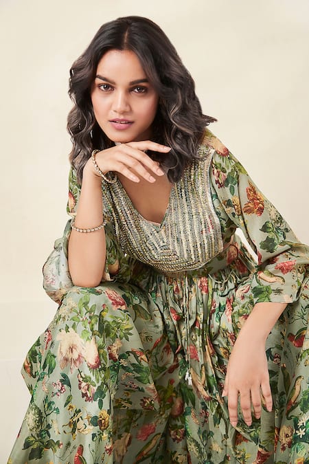 Buy_Basanti - Kapde Aur Koffee_Green Chiffon Beads, Zari Floral Print Blouse And Flared Pant Set _Online_at_Aza_Fashions