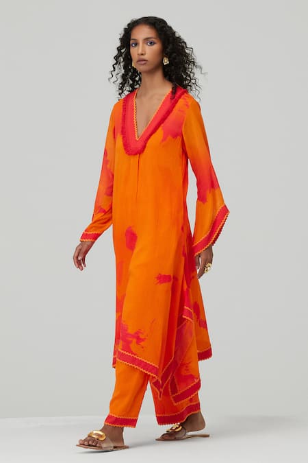 Sureena Chowdhri Orange Cotton Satin Printed Abstract V Neck Kurta And Pant Set 