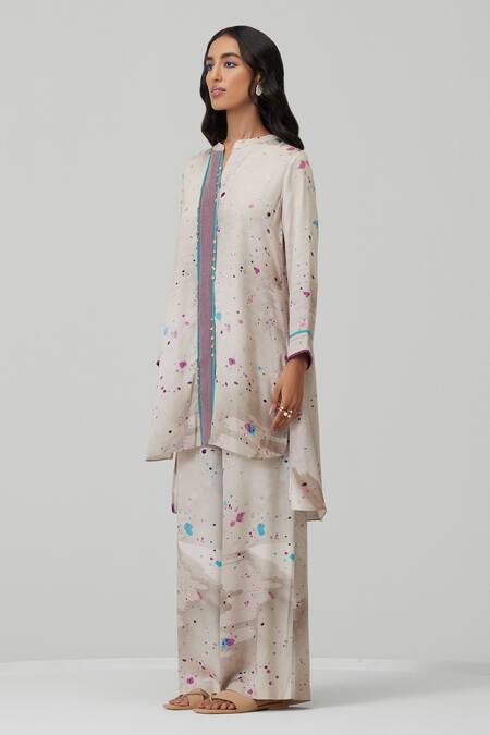Sureena Chowdhri_Multi Color Cotton Satin Printed Abstract High Low Kurta And Pant Set _Online_at_Aza_Fashions