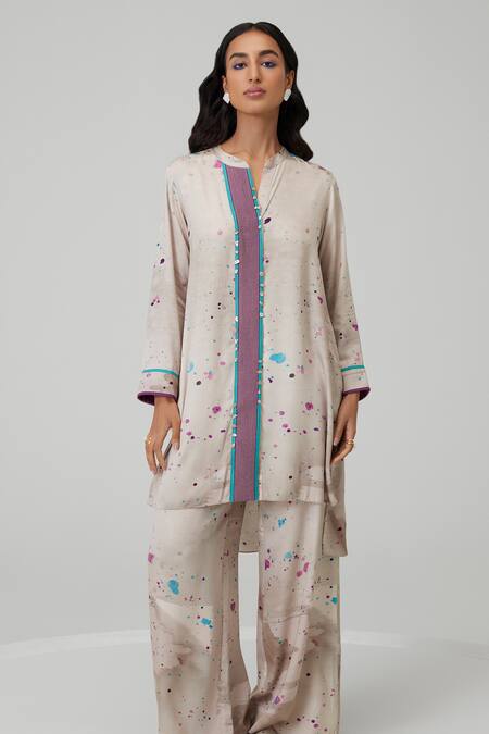 Shop_Sureena Chowdhri_Multi Color Cotton Satin Printed Abstract High Low Kurta And Pant Set _Online_at_Aza_Fashions
