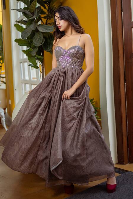 Buy Shahmeen Husain Grey Kota Doria Sequins Sweetheart Neck Printed And Embellished Dress Online at Aza Fashions Buy_Shahmeen Husain_Grey Kota Doria Sequins Sweetheart Neck Printed And Embellished Dress_Online_at_Aza_Fashions