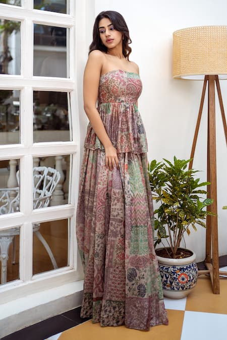 Buy Shahmeen Husain Multi Color Silk Sequins Printed Peplum Top And Micro Pleated Skirt Set Online at Aza Fashions Buy_Shahmeen Husain_Multi Color Silk Sequins Printed Peplum Top And Micro Pleated Skirt Set_Online_at_Aza_Fashions