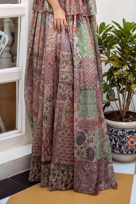 Shop Shahmeen Husain Multi Color Silk Sequins Printed Peplum Top And Micro Pleated Skirt Set Online at Aza Fashions Shop_Shahmeen Husain_Multi Color Silk Sequins Printed Peplum Top And Micro Pleated Skirt Set_Online_at_Aza_Fashions