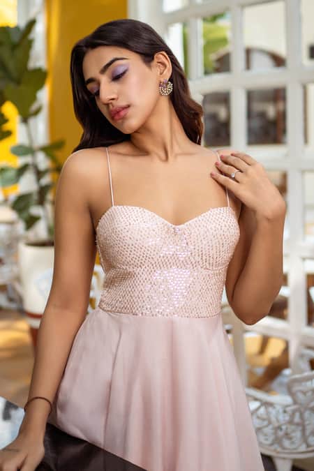 Shahmeen Husain_Pink Organza, Crepe Beads, Sequins Sweetheart Embellished Bodice Layered Gown _Online_at_Aza_Fashions