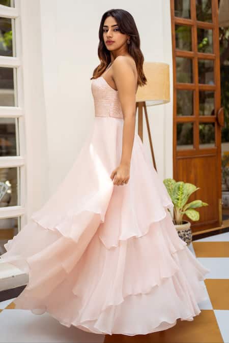 Buy_Shahmeen Husain_Pink Organza, Crepe Beads, Sequins Sweetheart Embellished Bodice Layered Gown _Online_at_Aza_Fashions