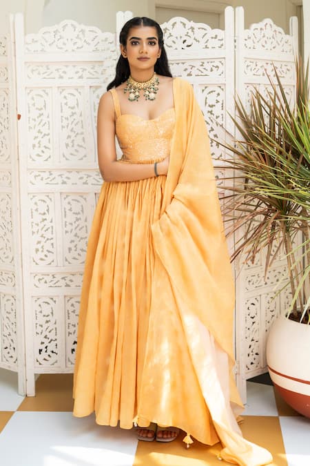 Shahmeen Husain Yellow Hand Woven Maheshwari And Soft Printed Anarkali With Dupatta 