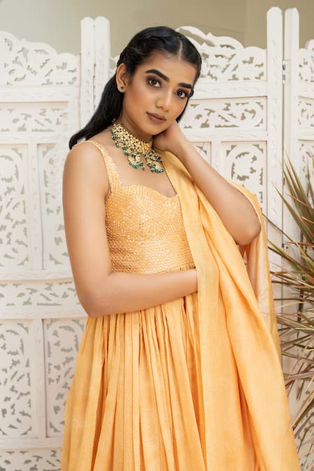 Buy Shahmeen Husain Yellow Maheshwari, Silk Sequins, Embroidery Handwoven Anarkali With Dupatta Online at Aza Fashions Buy_Shahmeen Husain_Yellow Maheshwari, Silk Sequins, Embroidery Handwoven Anarkali With Dupatta _Online_at_Aza_Fashions